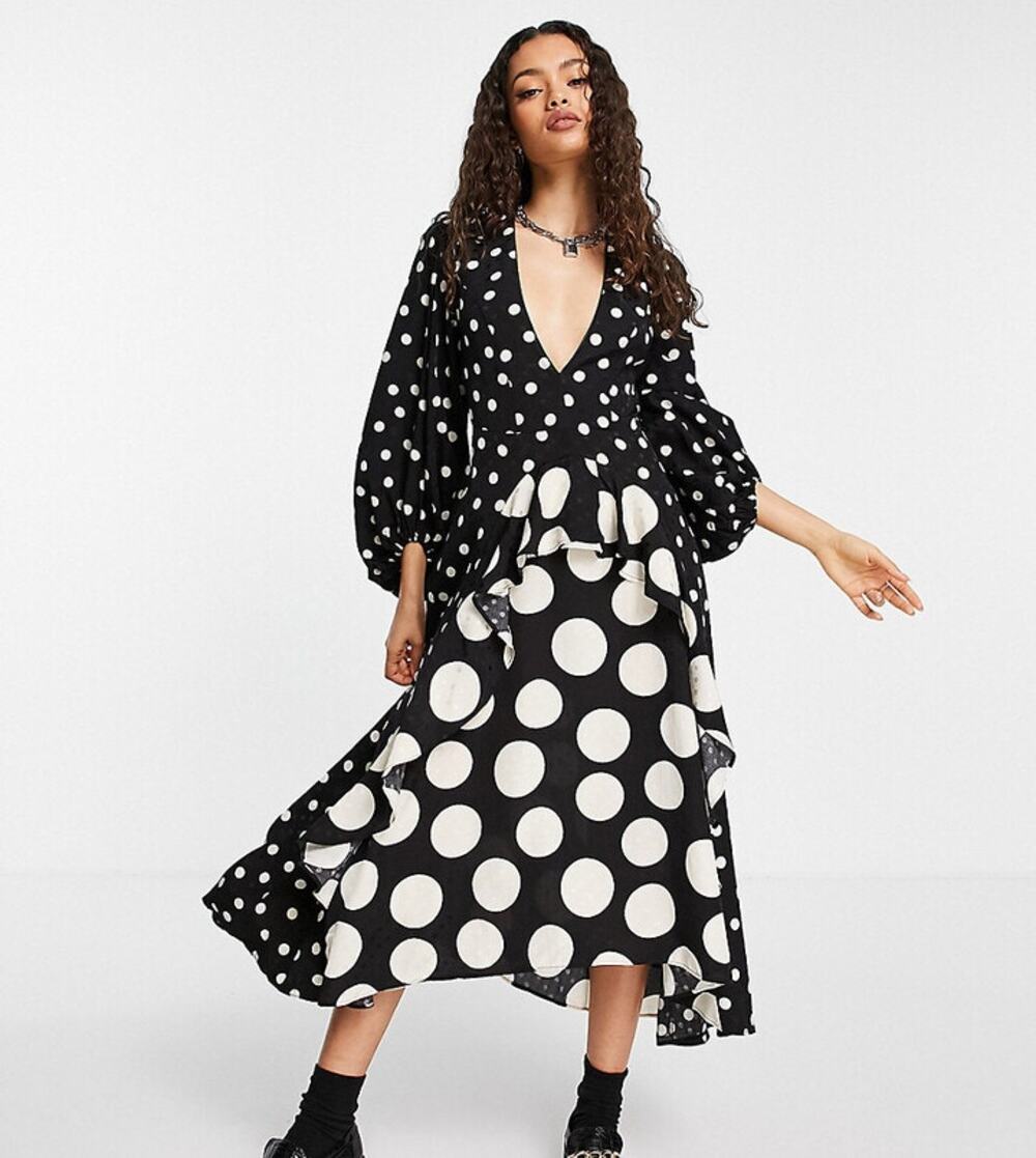 NWT Topshop Avant Garde Dress Polka Dot Plunging Maxi Mixed Dot Graphic Women 8